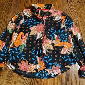 Room Service Women's Tiger and Floral Print Button Down Pajama Top Size Large